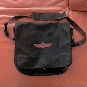 Black canvas messenger bag, 15” wide x 13” long